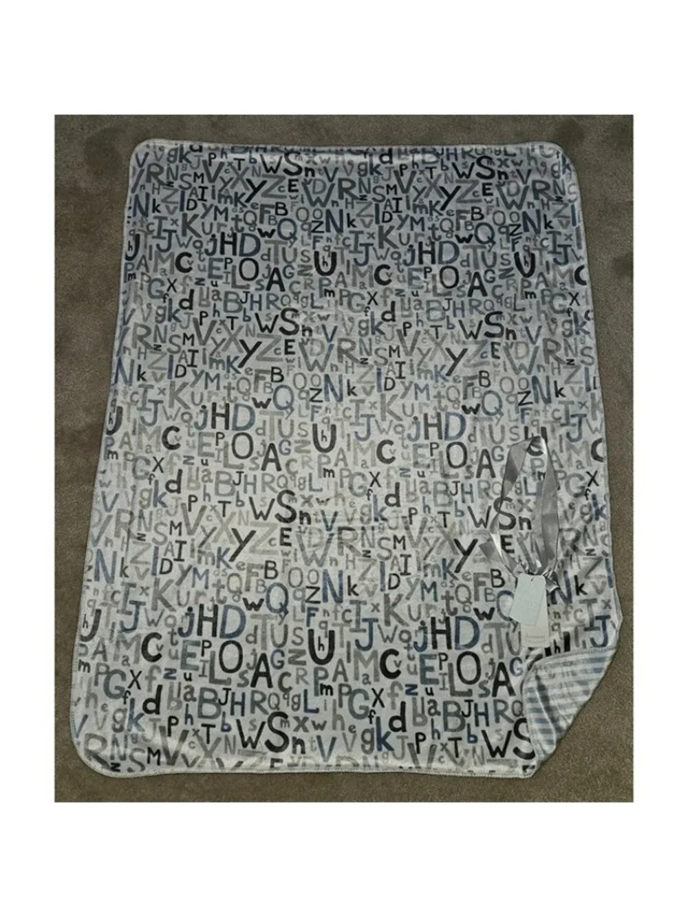 NEW 119741 Reversible Fleece Baby Blanket Gray Blue Letters Alphabet Stripes
